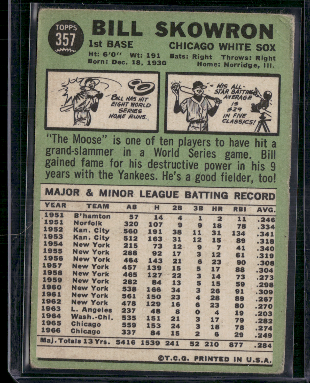 1967 Topps BILL "MOOSE" SKOWRON #357 Toning Light Wrinkles (VG)