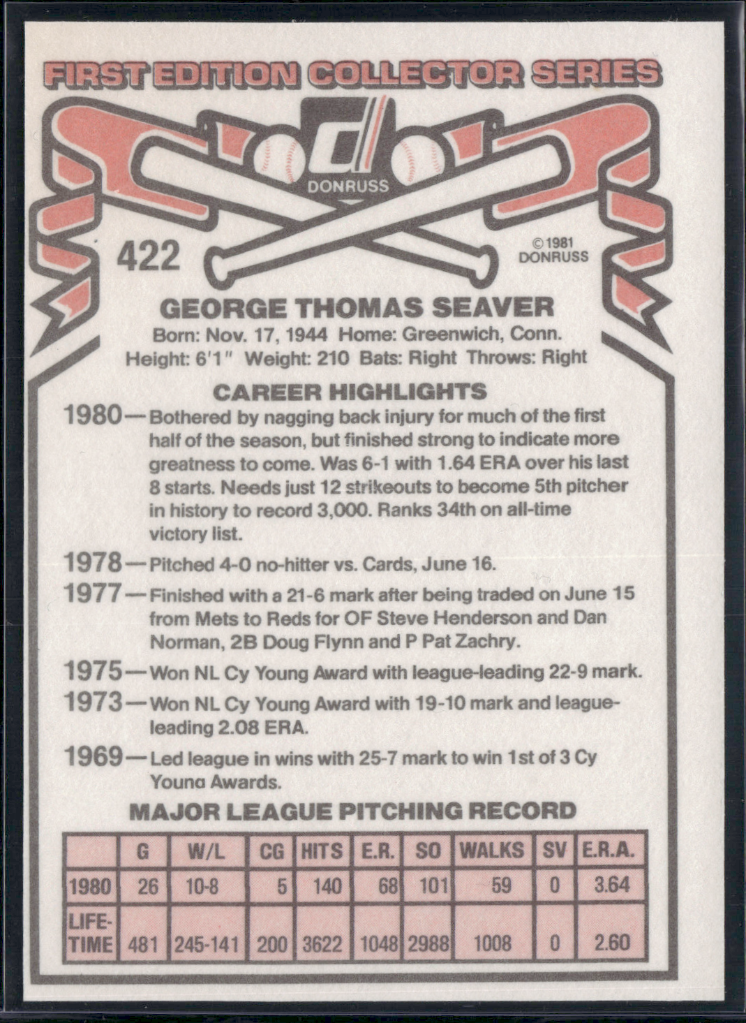 1981 Donruss TOM SEAVER #422 (NM)