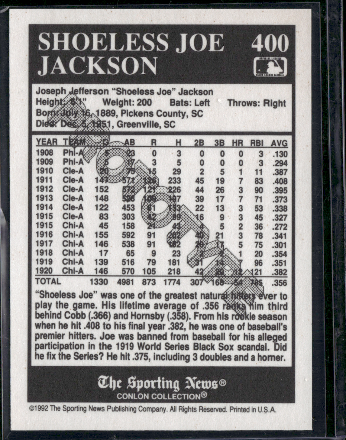 1992 Conlon Collection JOE JACKSON #400 Prototype (EX)
