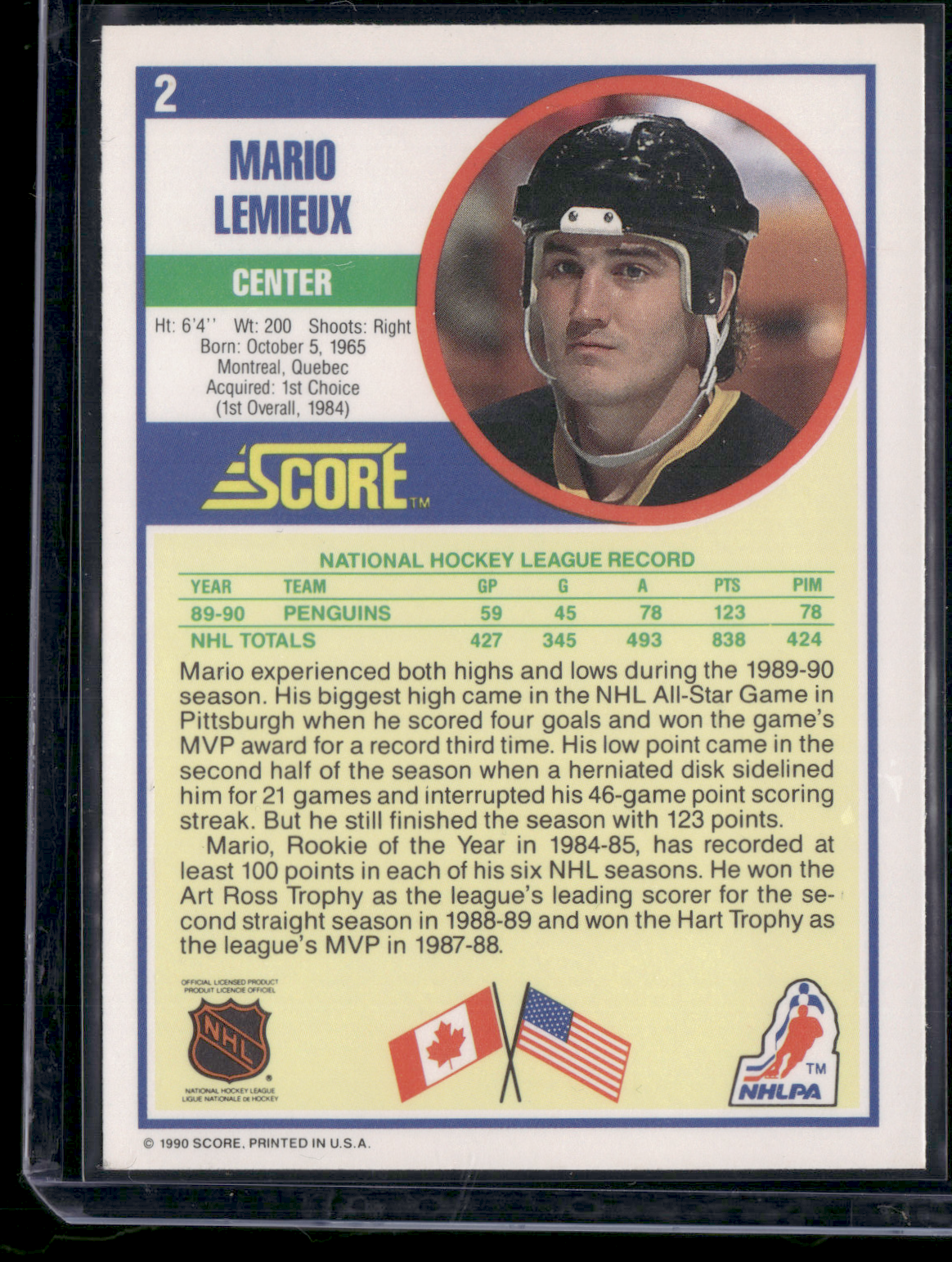 1990 Score MARIO LEMIEUX #2 (EX-EX/MT)