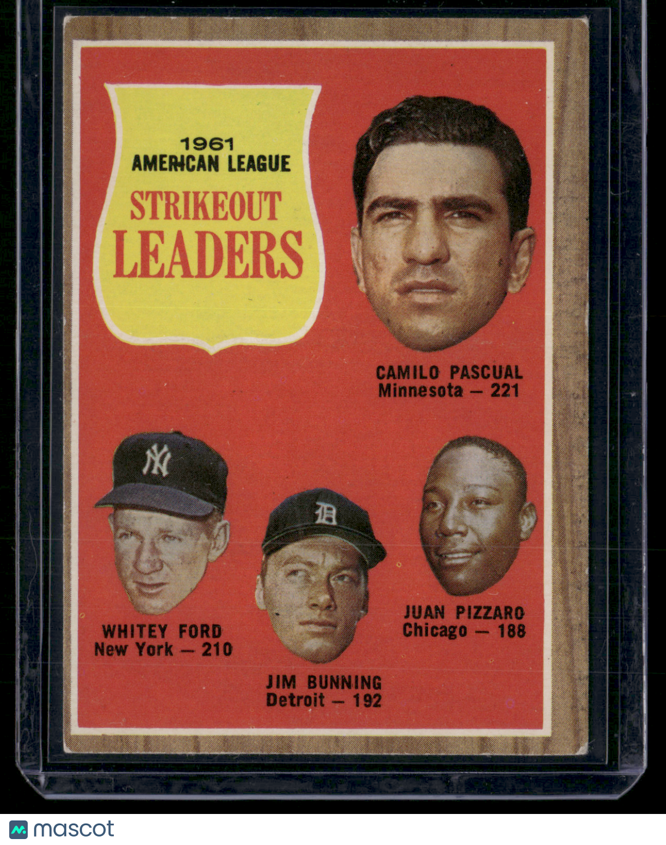 1962 Topps WHITEY FORD/BUNNING/PASCUAL/PIZARRO #59 1961 AL Strikeout Leaders(VG)
