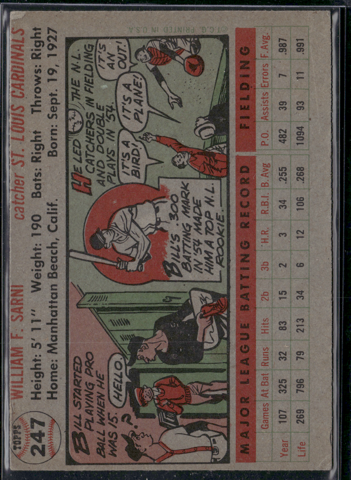 1956 Topps BILL SARNI #247 Wrinkling