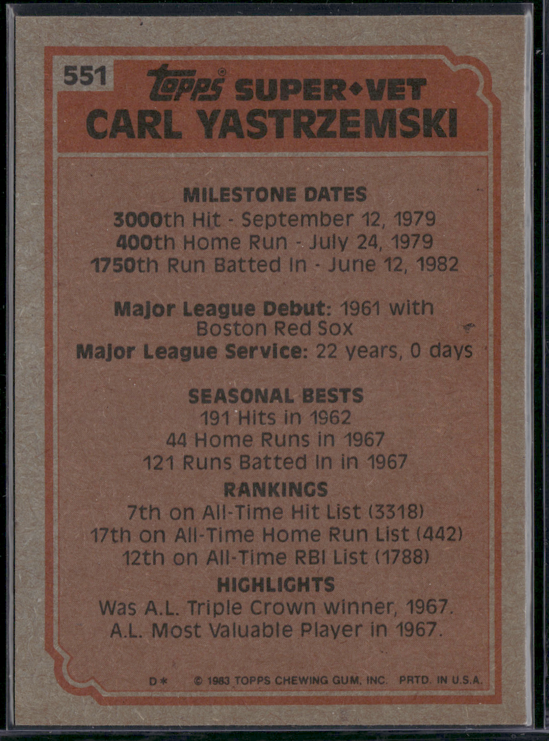 1983 Topps CARL YASTRZEMSKI #551 Super Veteran (NM)