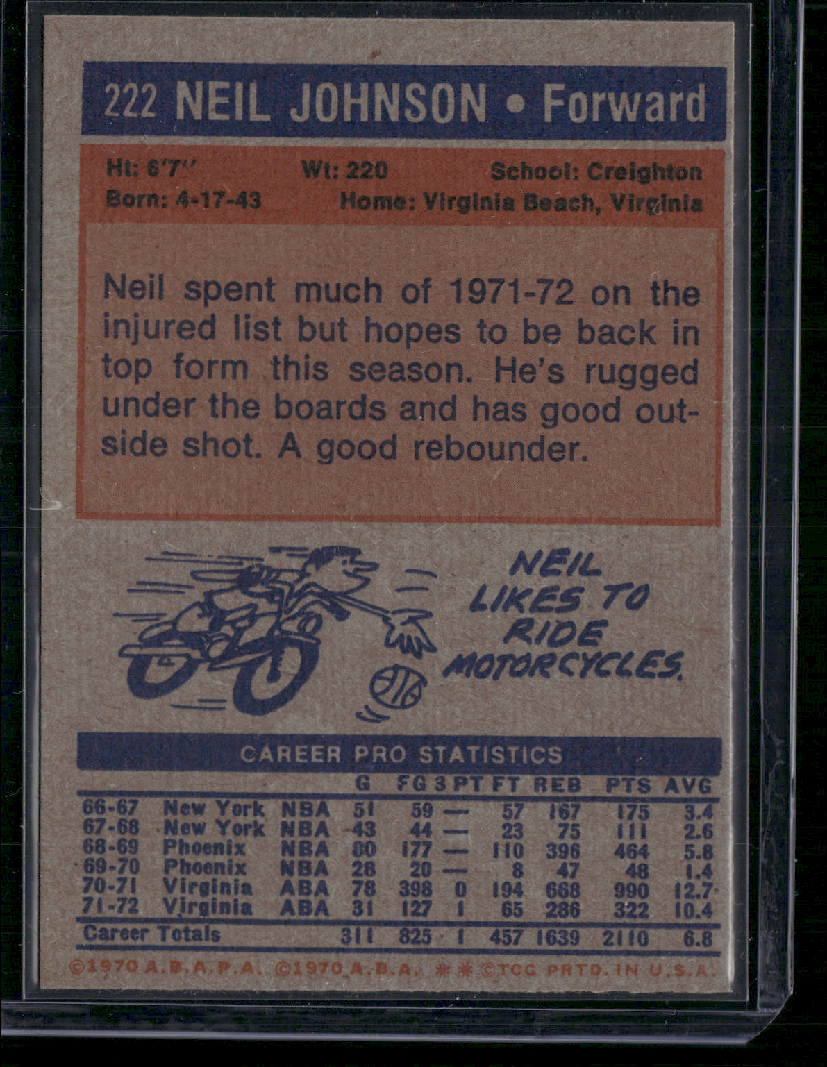 1972 ABA NEIL JOHNSON #222 (EX-EX/MT)