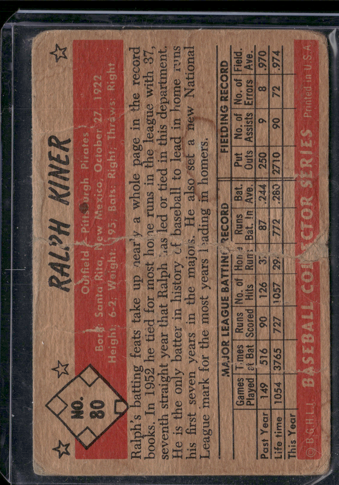1953 Bowman RALPH KINER #80 (Poor)
