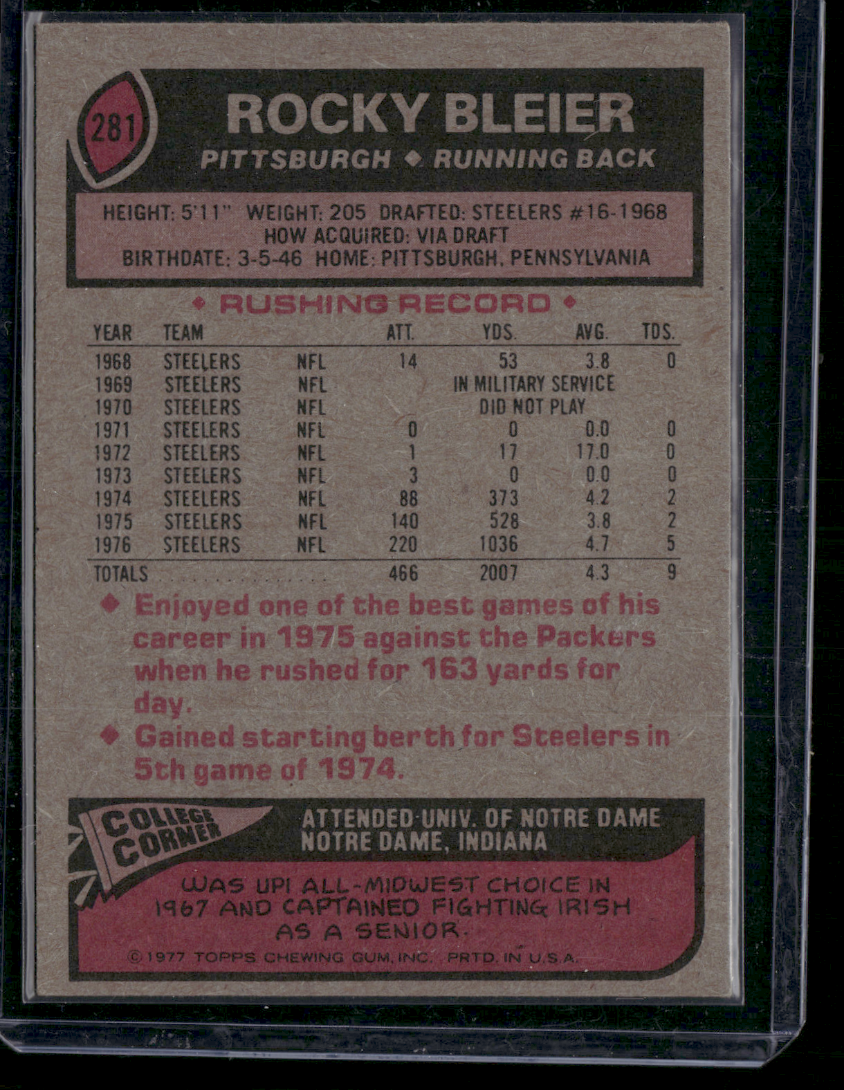 1977 Topps ROCKY BLEIER #281 (VG/EX)
