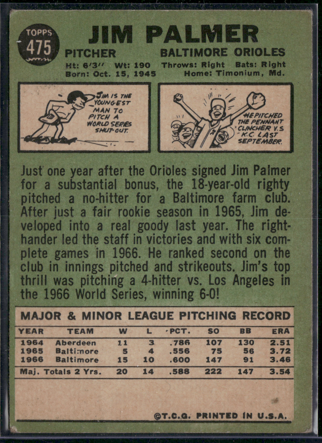 1967 Topps JIM PALMER #475 Light Wrinkles (VG/EX)