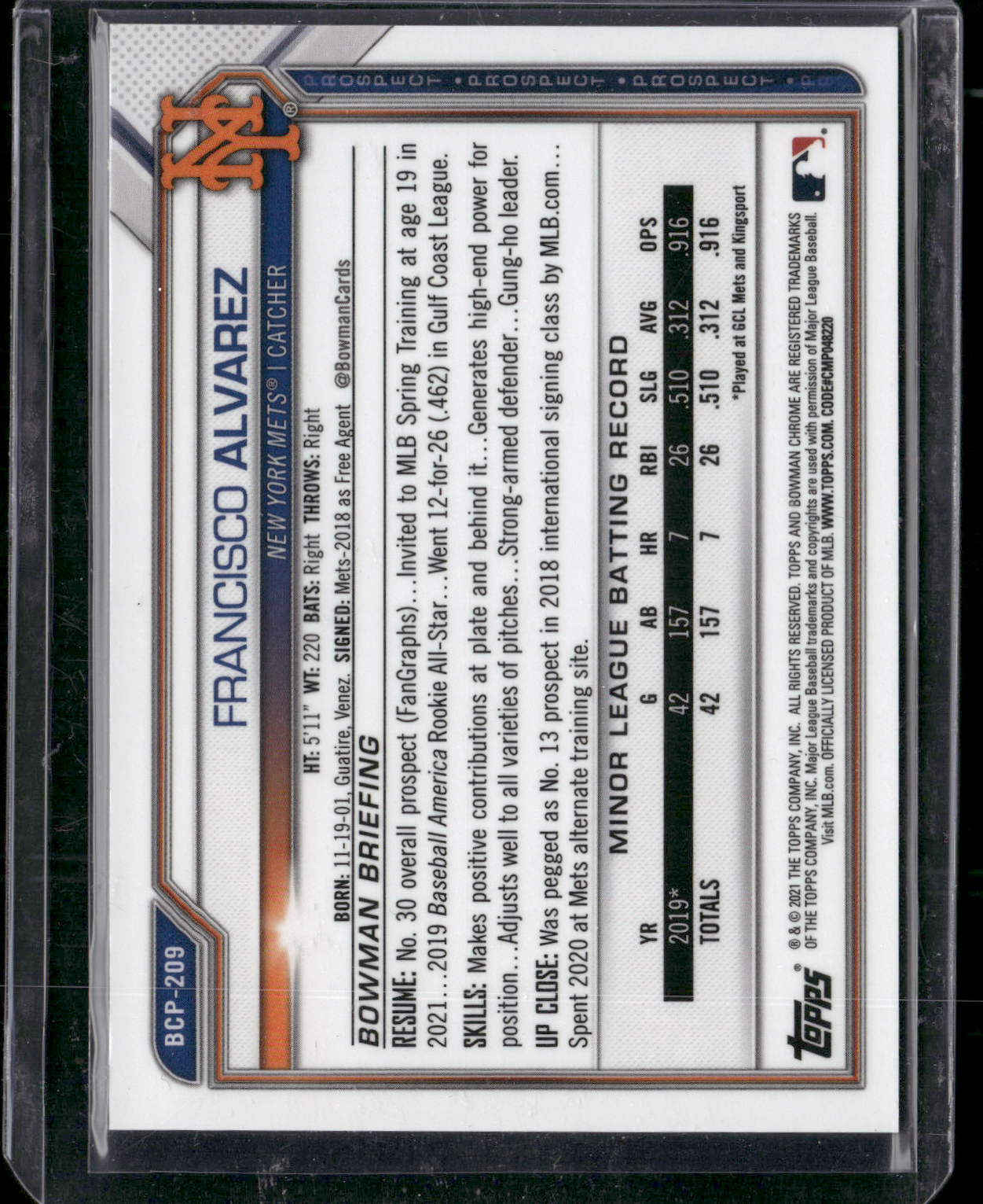 2020 Bowman FRANCISCO ALVAREZ #BCP-209 Pink Mega 191/199