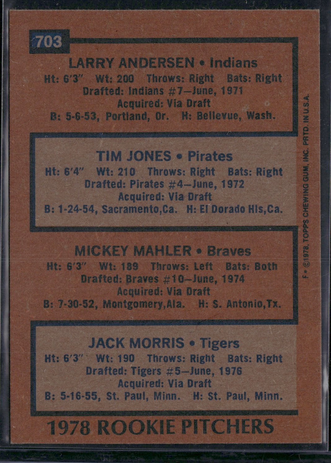 1978 Topps JACK MORRIS/ANDERSON/JONES/MAHLER #703 78 Rookie Pitchers(EX-EX/MT)