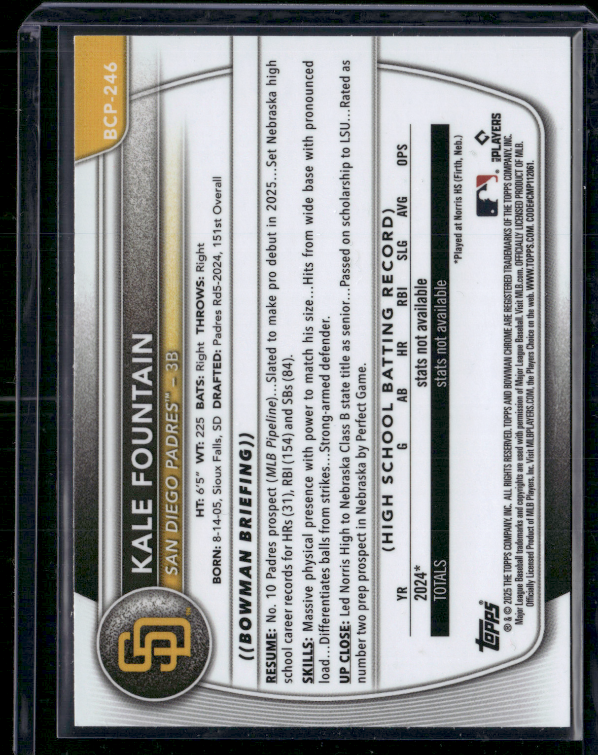 2025 Bowman Chrome KALE FOUNTAIN #BCP-246 1st Bowman