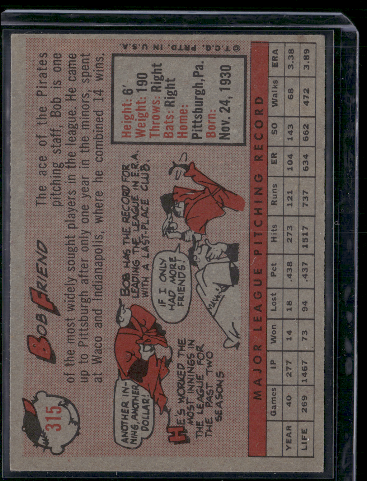 1958 Topps BOB FRIEND #315 Wax Stain (VG)