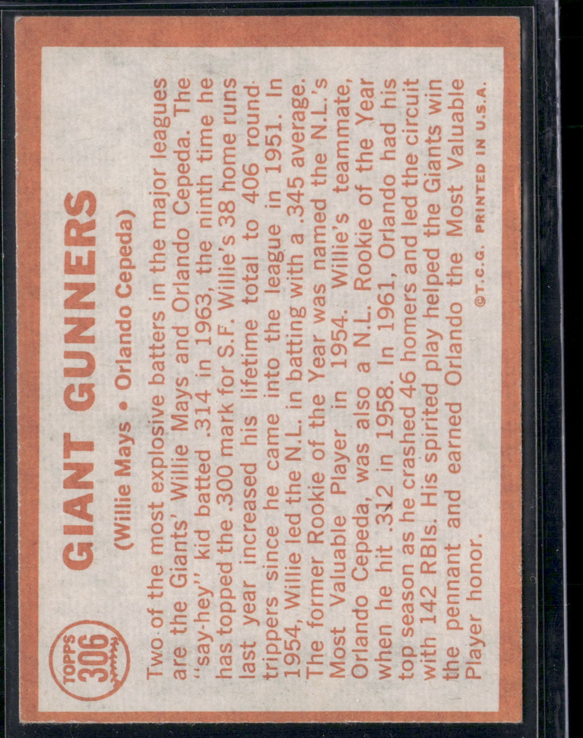 1964 Topps WILLIE MAYS/ORLANDO CEPEDA #306 Giant Gunners