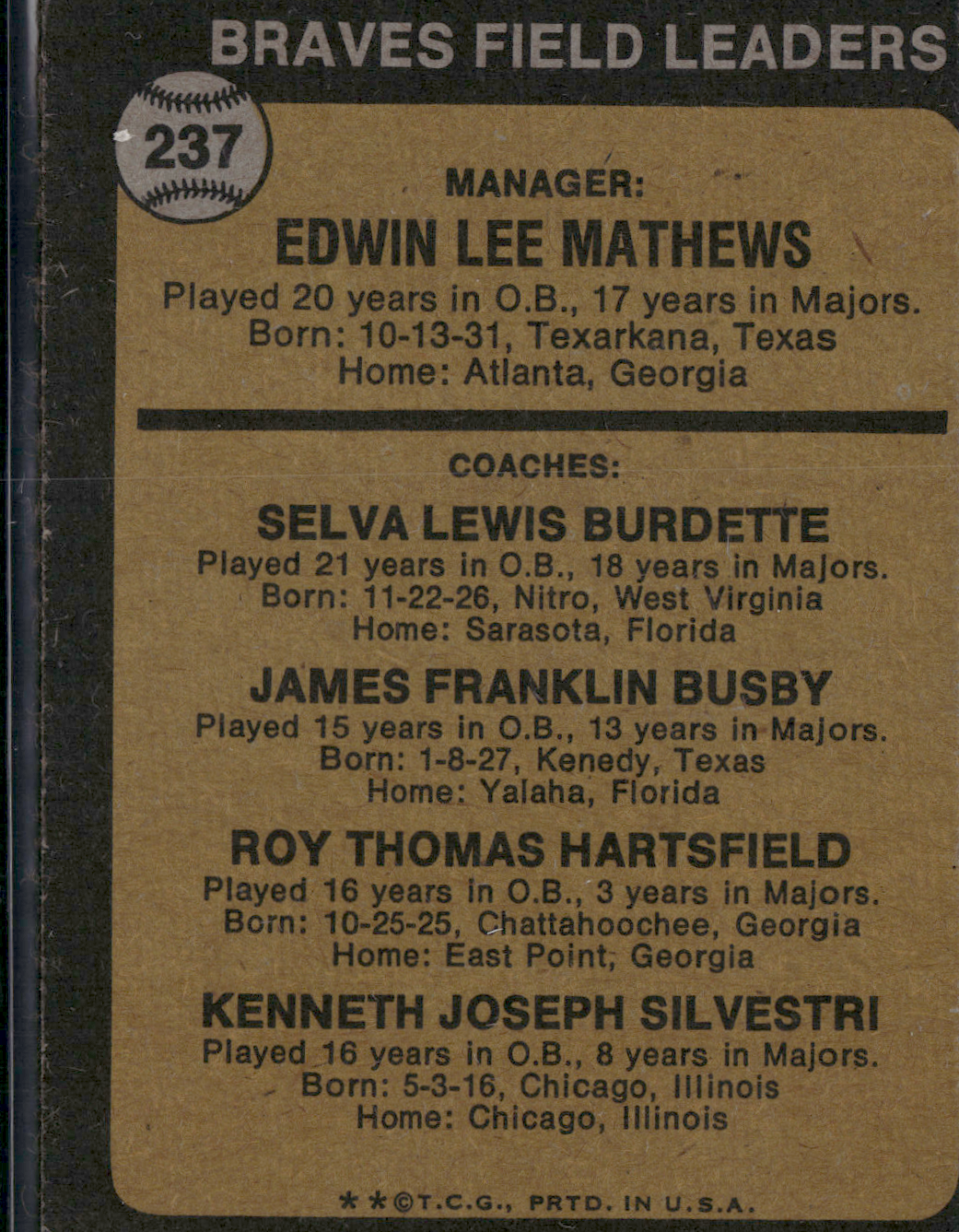 1973 Topps EDDIE MATTHEWS #237