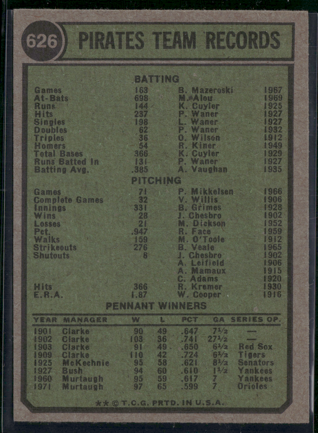 1974 Topps PITTSBURGH PIRATES #626 Crease (VG-VG/EX)