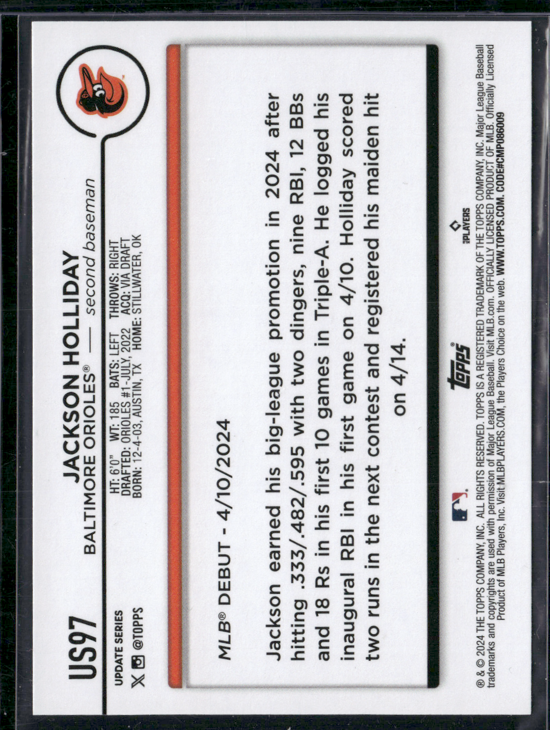 2024 Topps Update JACKSON HOLLIDAY RC #US97 Rookie Debut