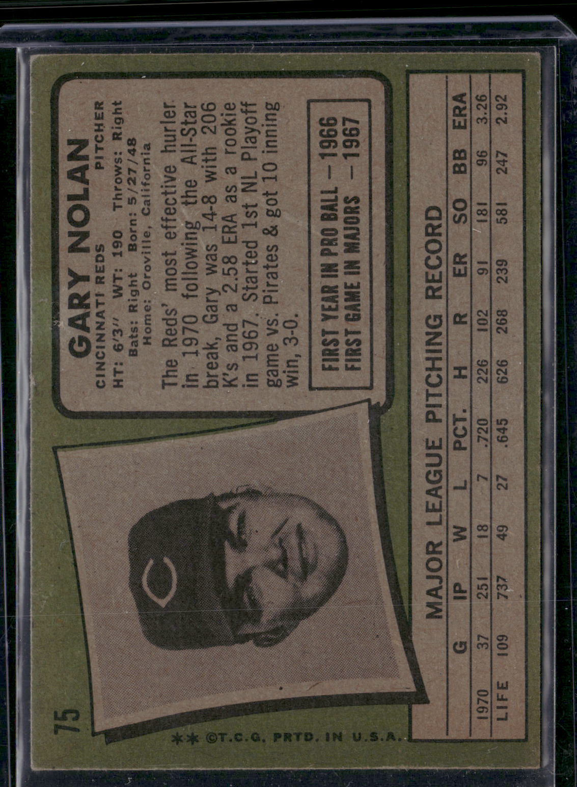 1971 Topps GARY NOLAN #75 Light Scratching Crease (Good)