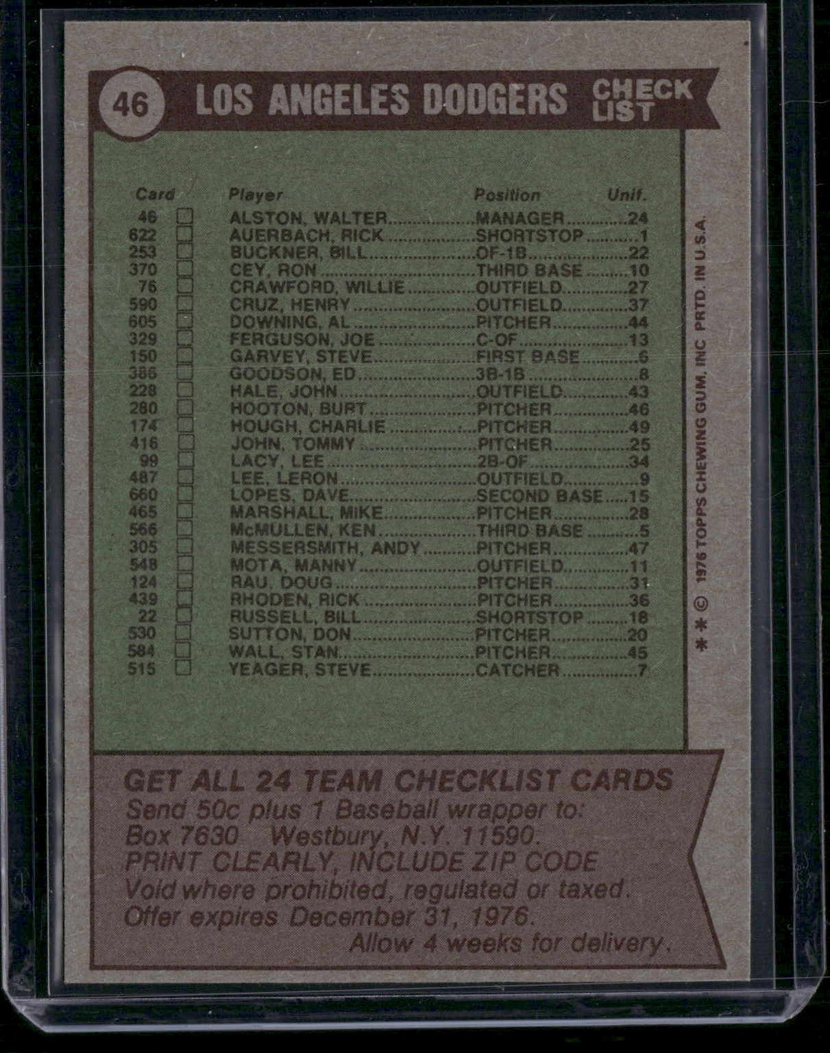 1976 Topps LOS ANGELES DODGERS #46 Grain Raise (EX)
