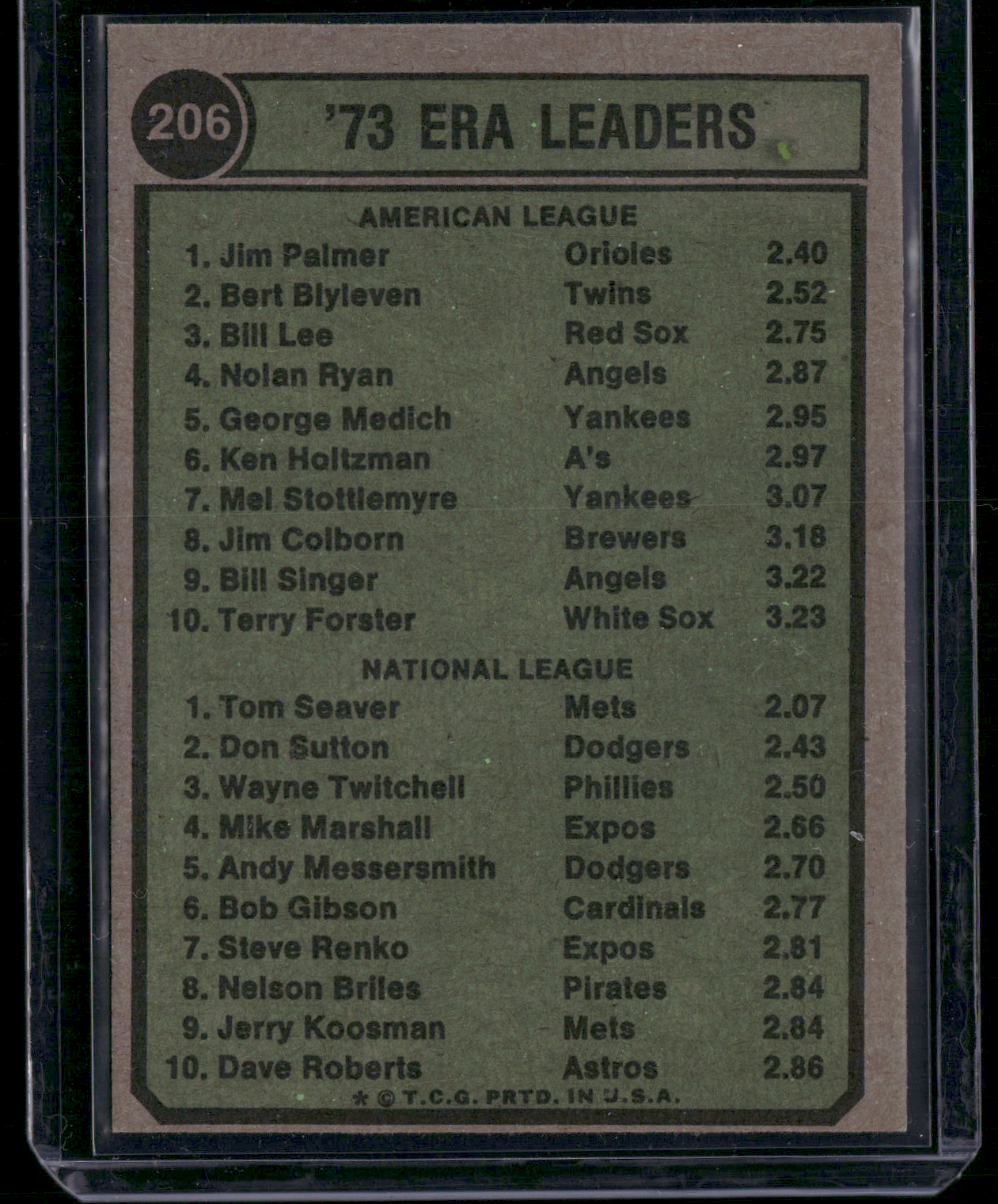 1974 Topps TOM SEAVER/JIM PALMER #206 1973 ERA Leaders Grain Raise (EX)
