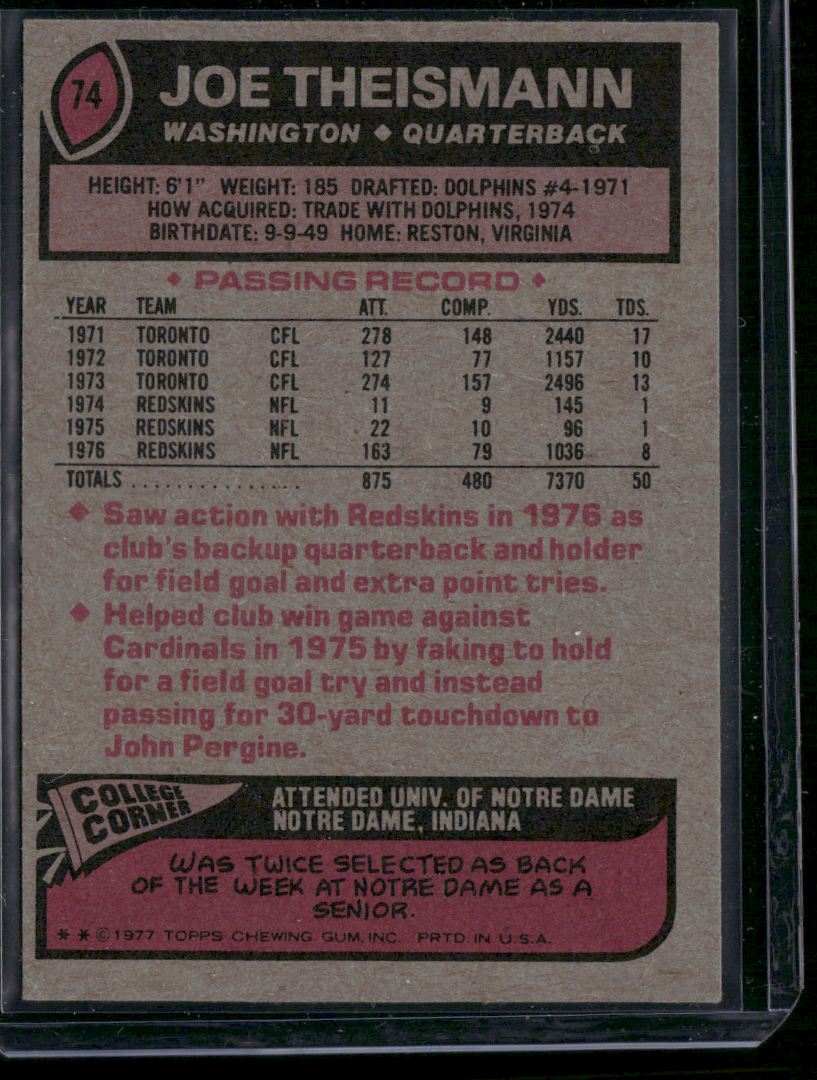 1977 Topps JOE THEISMANN #74 (EX)