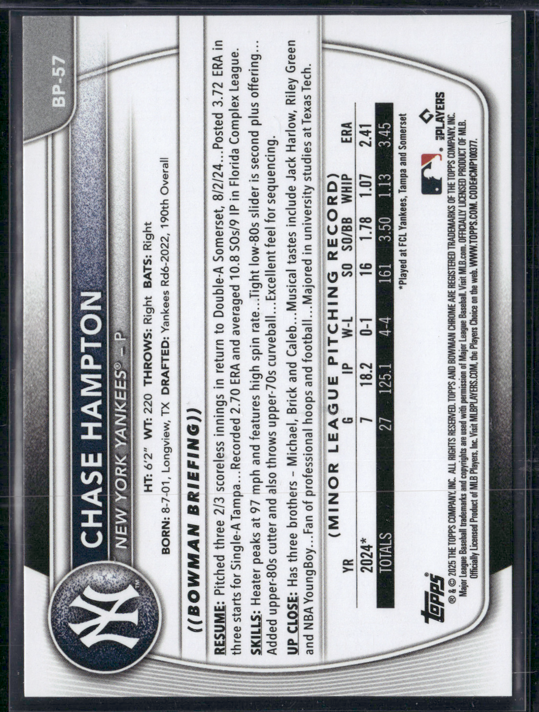 2025 Bowman CHASE HAMPTON #BP-57 1st Bowman