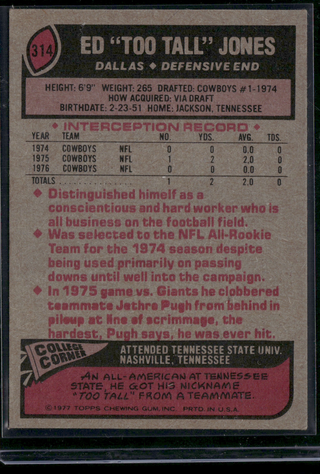 1977 Topps ED "TOO TALL" JONES #314 Grain Raise (VG/EX-EX)