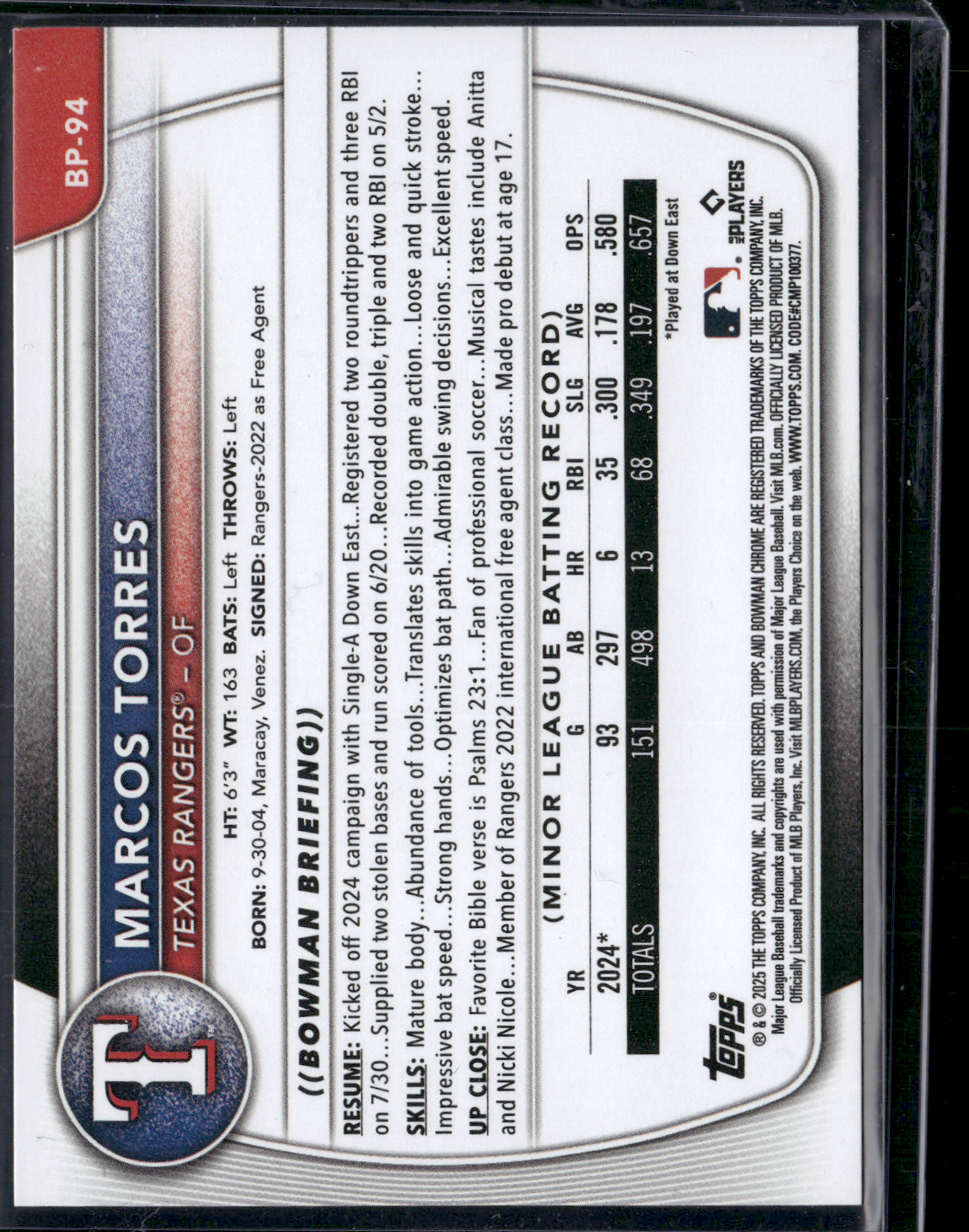 2025 Bowman MARCOS TORRES #BP-94 1st Bowman