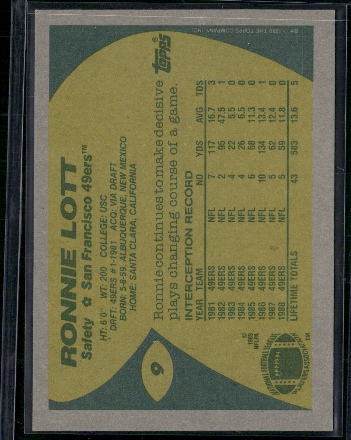 1989 Topps RONNIE LOTT #9 (EX/MT-NM)