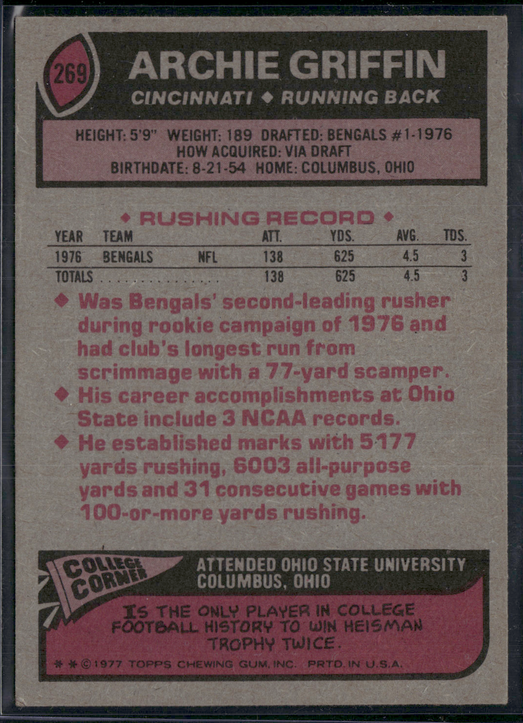 1977 Topps ARCHIE GRIFFIN #269 Light Wrinkle (VG/EX)