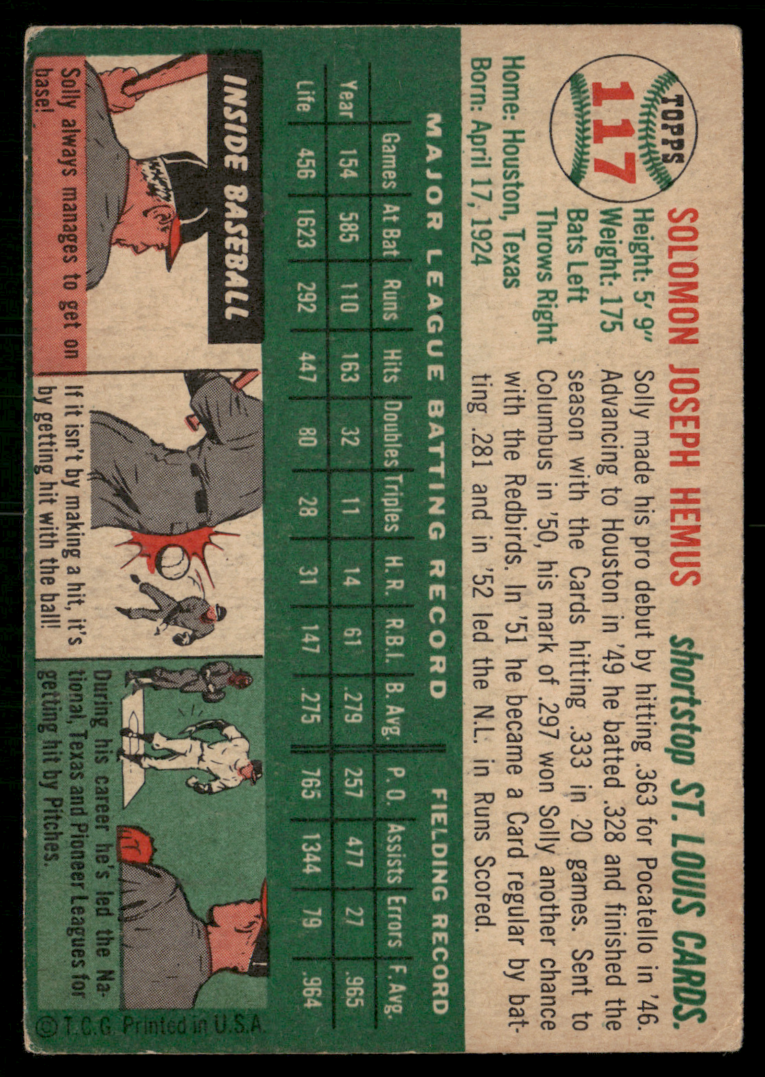 1954 Topps SOLLY HEMUS #117 Light Scratch (VG-VG/EX)