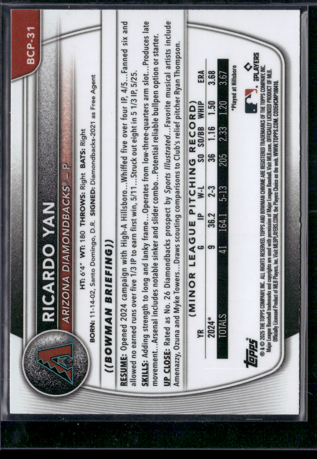 2025 Bowman RICARDO YAN #BCP-31 1st BOWMAN CHROME