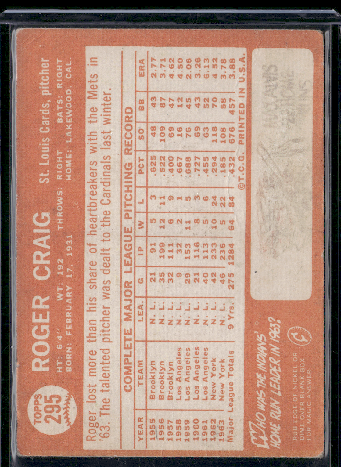 1964 Topps ROGER CRAIG #295