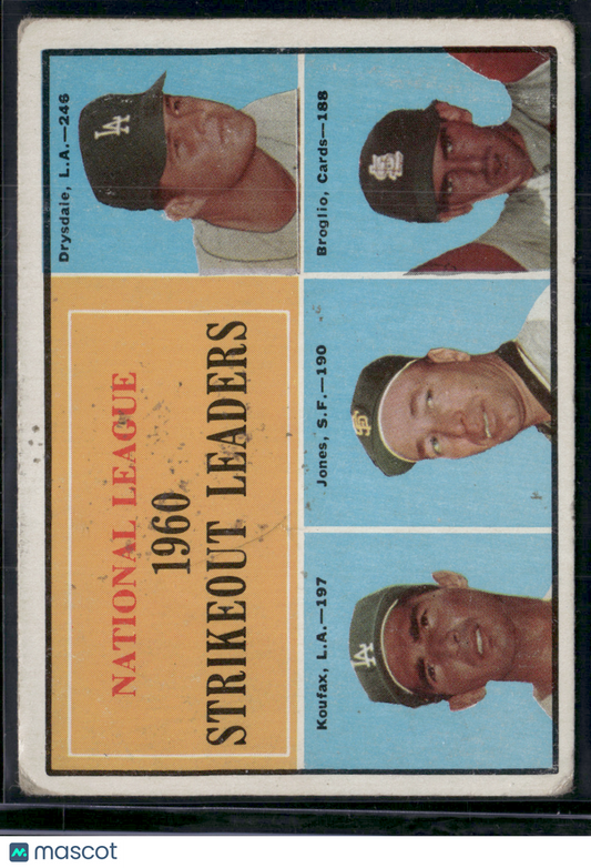 1961 Topps DRYSDALE/KOUFAX/JONES/BROGLIO #49 1960 NL Strikeout Leaders