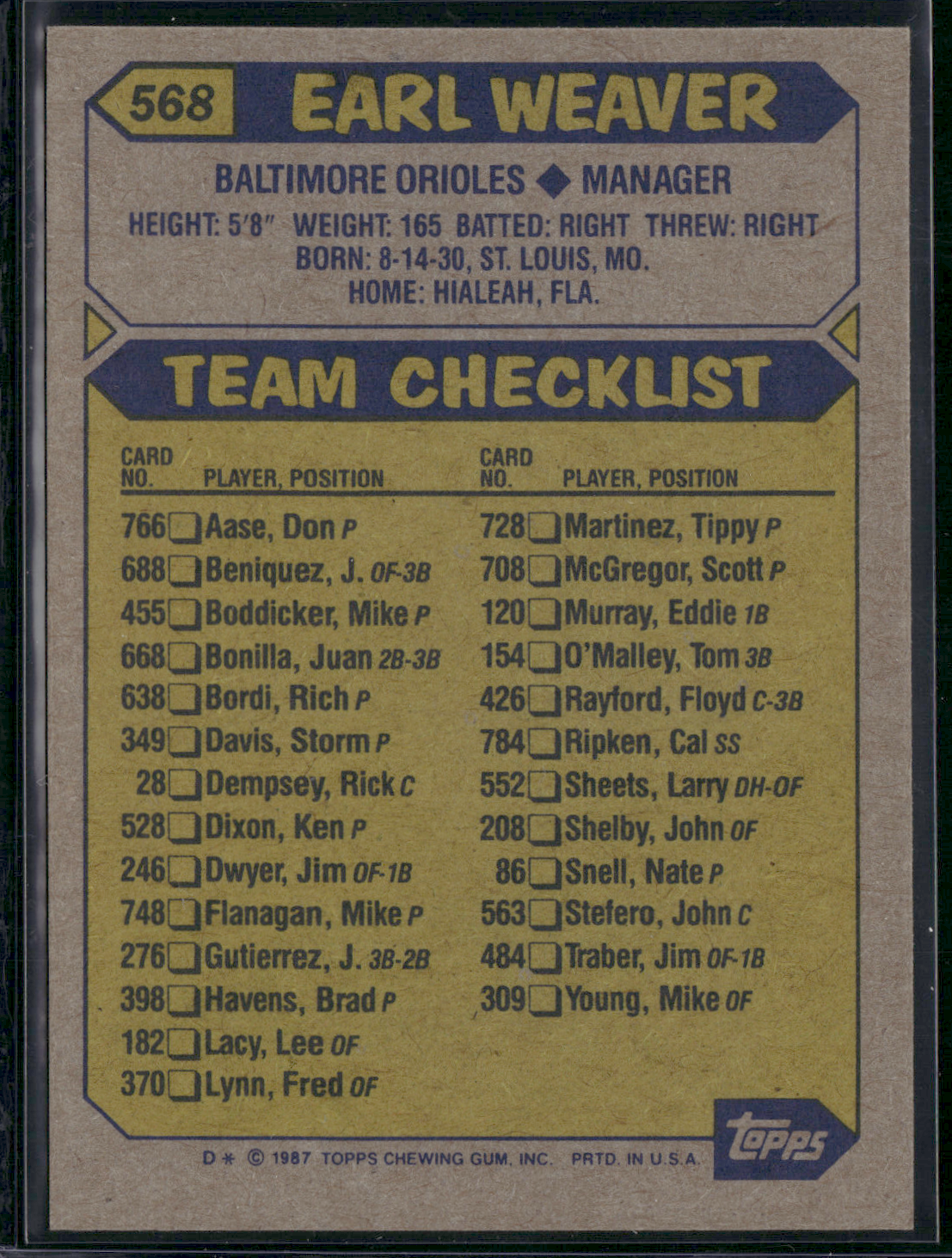1987 EARL WEAVER #568 (EX-MT)