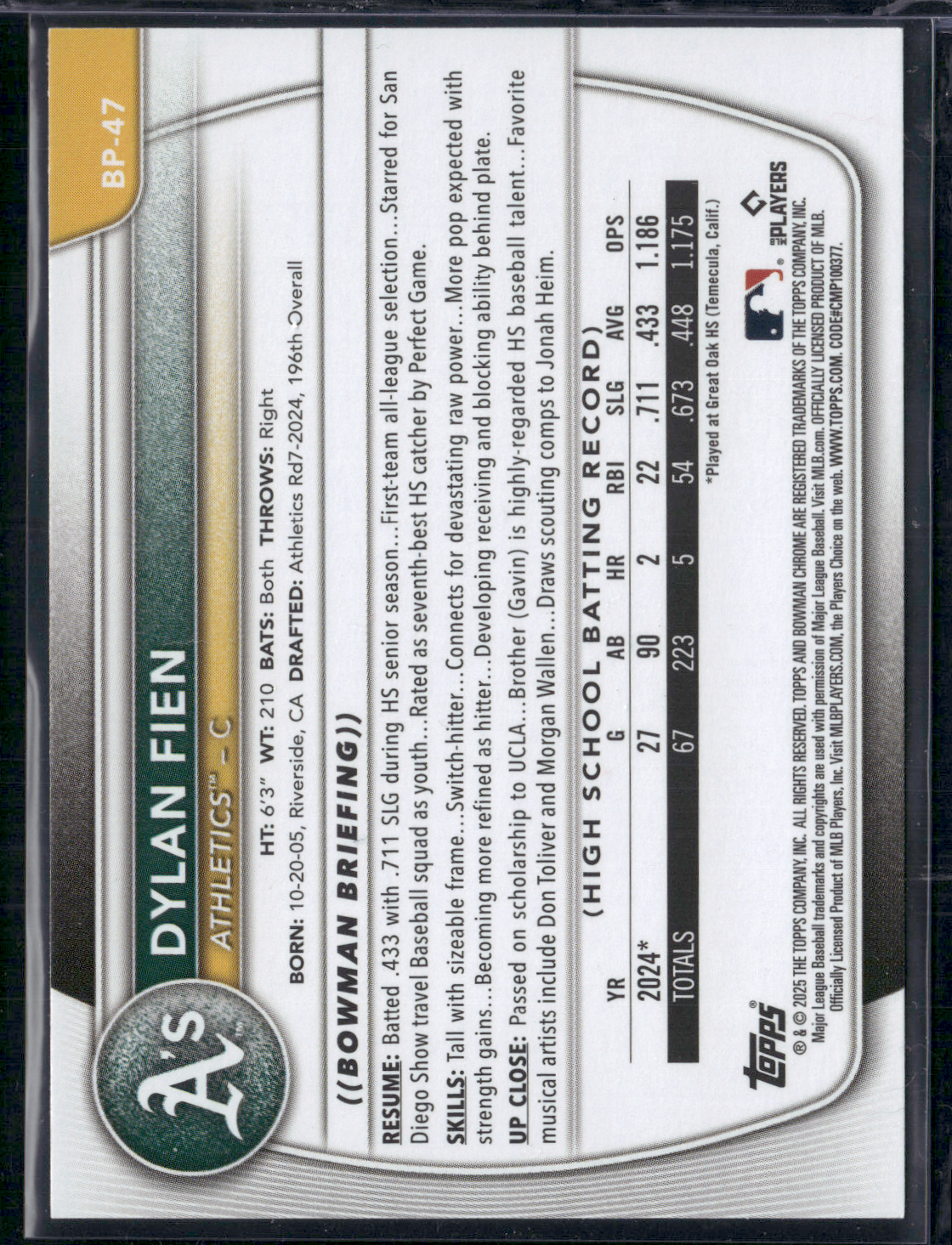 2025 Bowman DYLAN FIEN #BP-47 1st Bowman