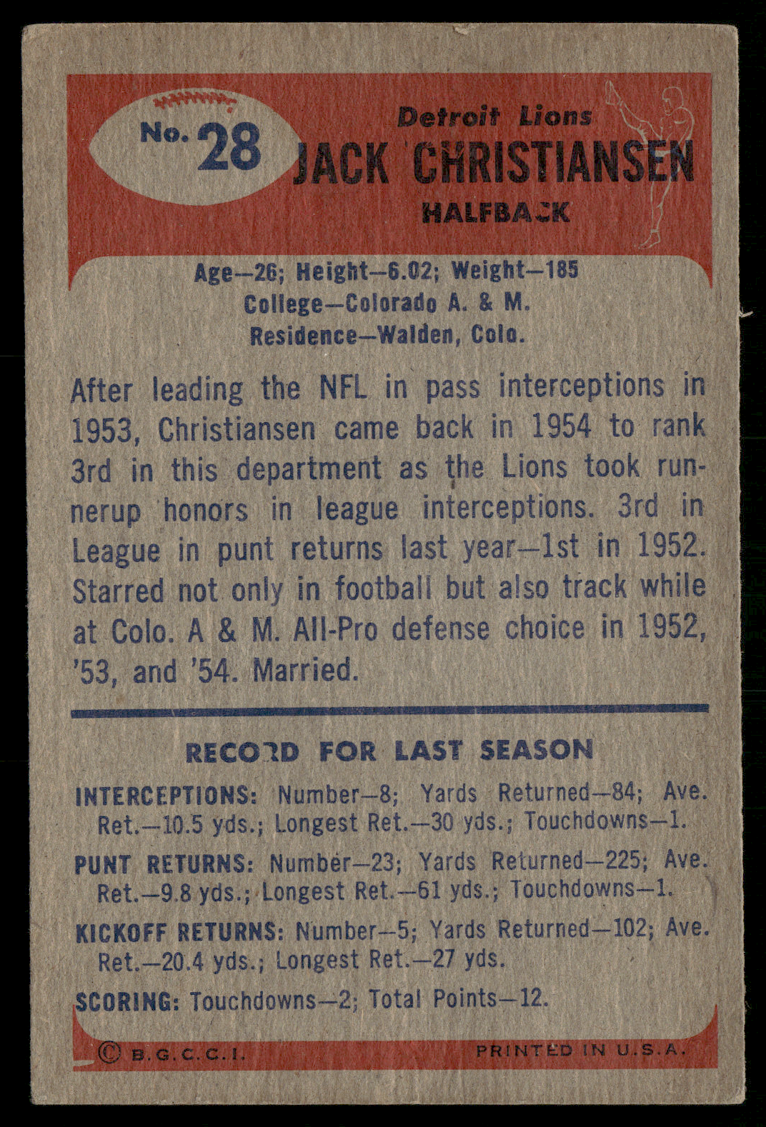 1955 Bowman JACK CHRISTIANSEN #28 Indent Top front (VG)