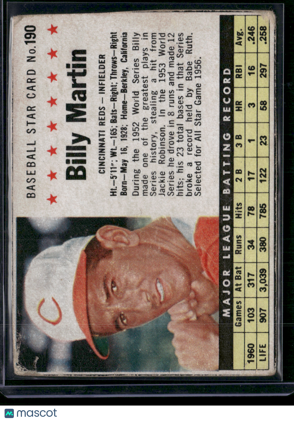 1961 Cereal Box BILLY MARTIN #190 Hand Cut (Good-VG)