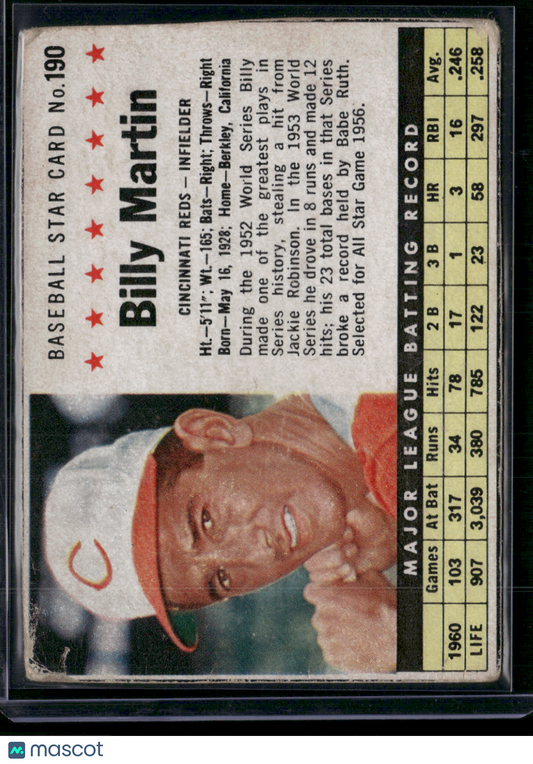 1961 Cereal Box BILLY MARTIN #190 Hand Cut (Good-VG)