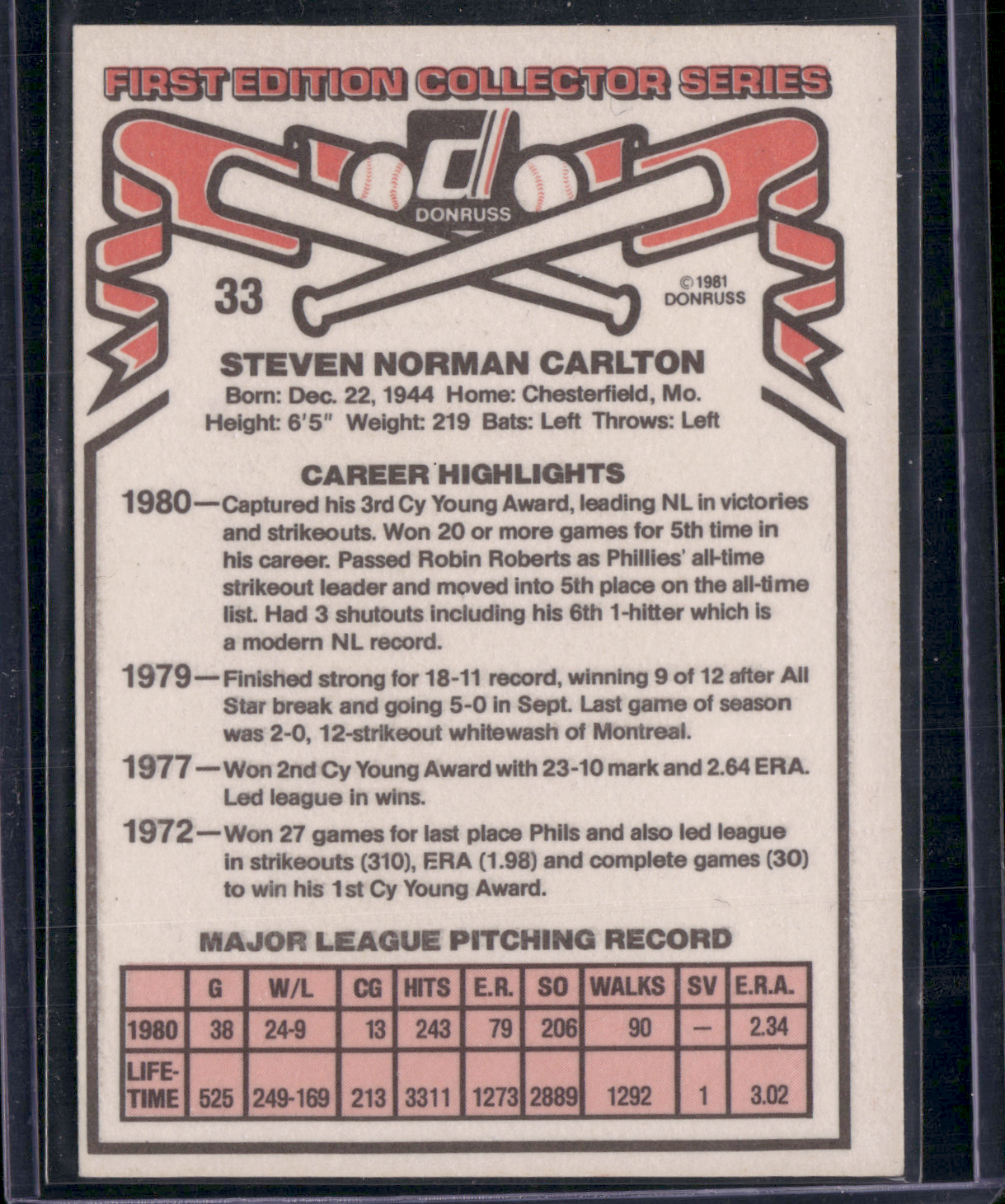 1981 Donruss Baseball STEVE CARLTON #33