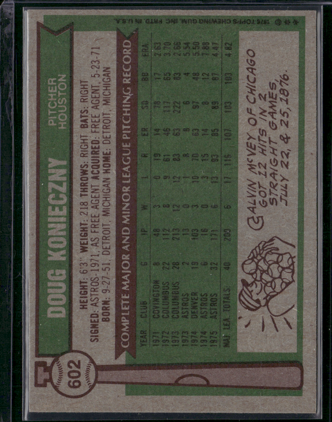 1976 Topps DOUG KONIECZNY #602 (VG-Surface dents)