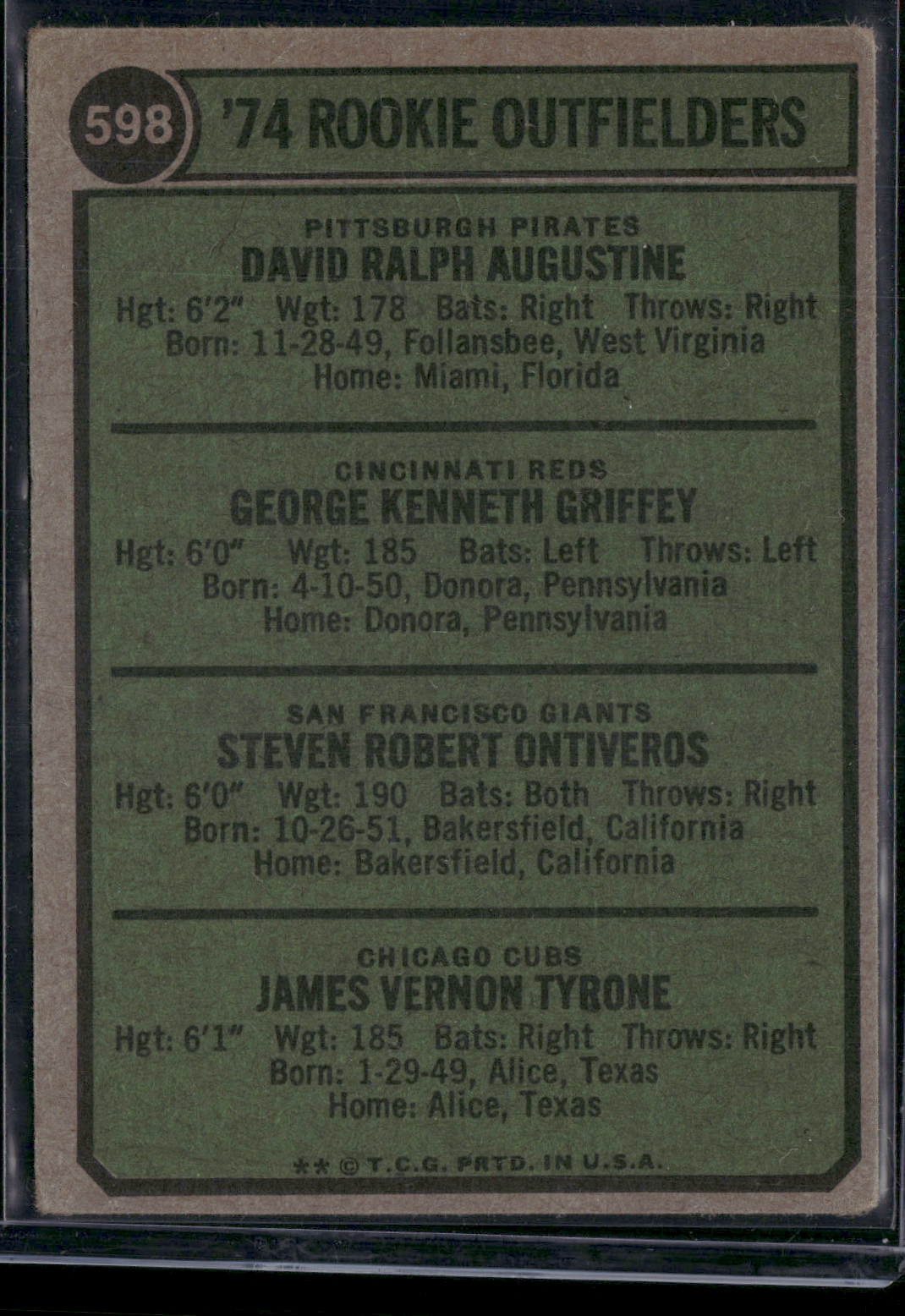 1974 Topps KEN GRIFFEY/AUGUSTINE/TYRONE/ONTIVEROS #598 1974RookieOutfielders(VG)
