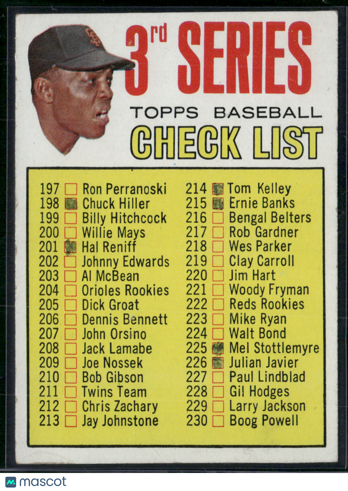 1967 Topps CHECKLIST - WILLIE MAYS #191 Slight Edge Chipping Ink Filled (EX)