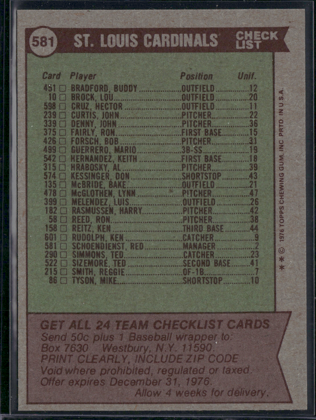 1976 Topps ST. LOUIS CARDINALS #581 Print Snow (EX)