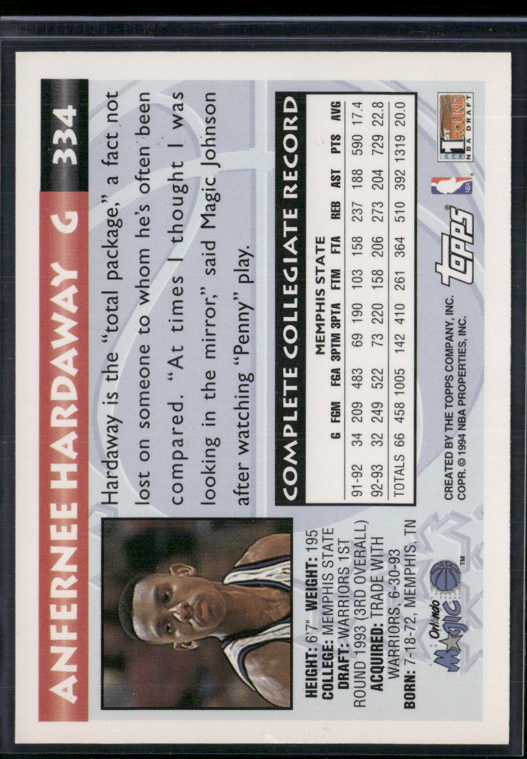 1994 Gold ANFERNEE "PENNY" HARDAWAY #334 Rookie RC (NM)