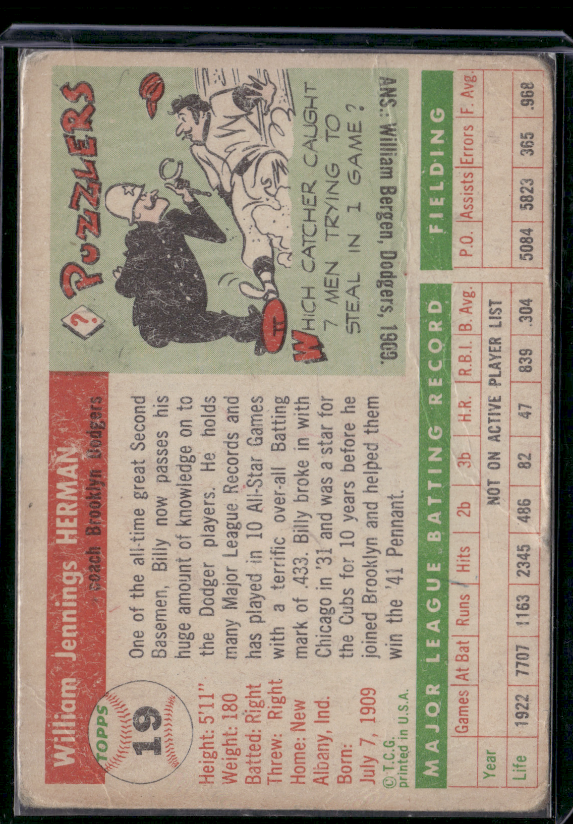 1956 Topps BILLY HERMAN #19