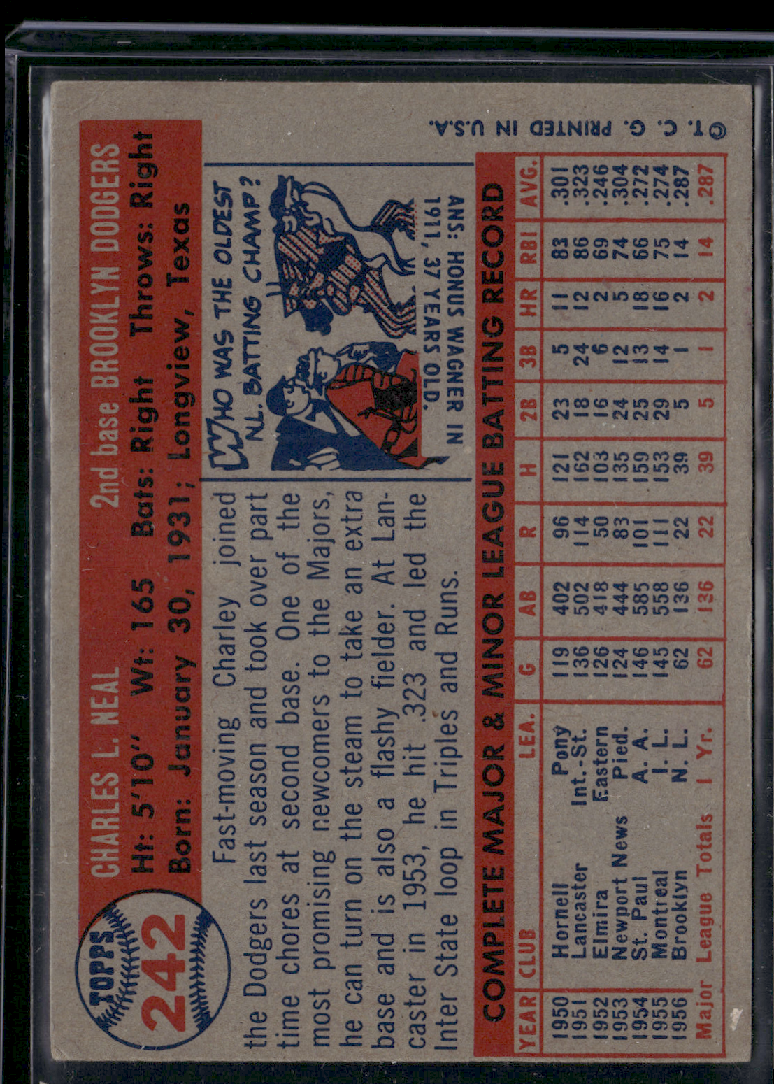 1957 Topps CHARLEY NEAL #242 scratches Scuff