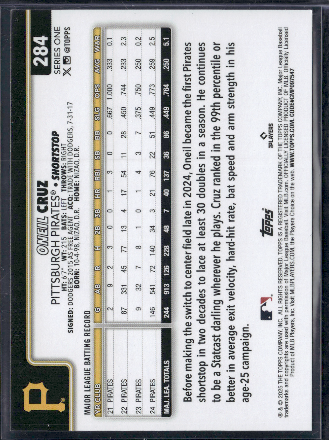 2025 Topps Series 1 ONEIL CRUZ #284 Rainbow Glitter