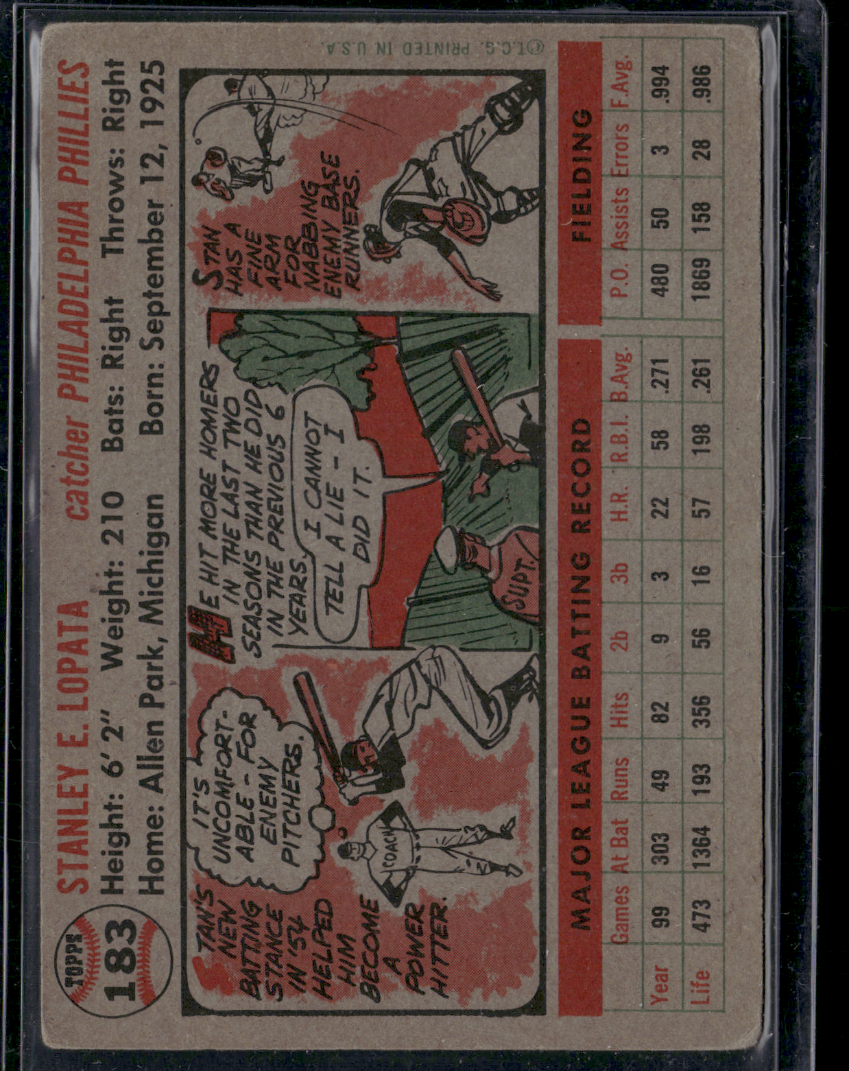 1956 Topps STAN LOPATA #183 Wrinkling