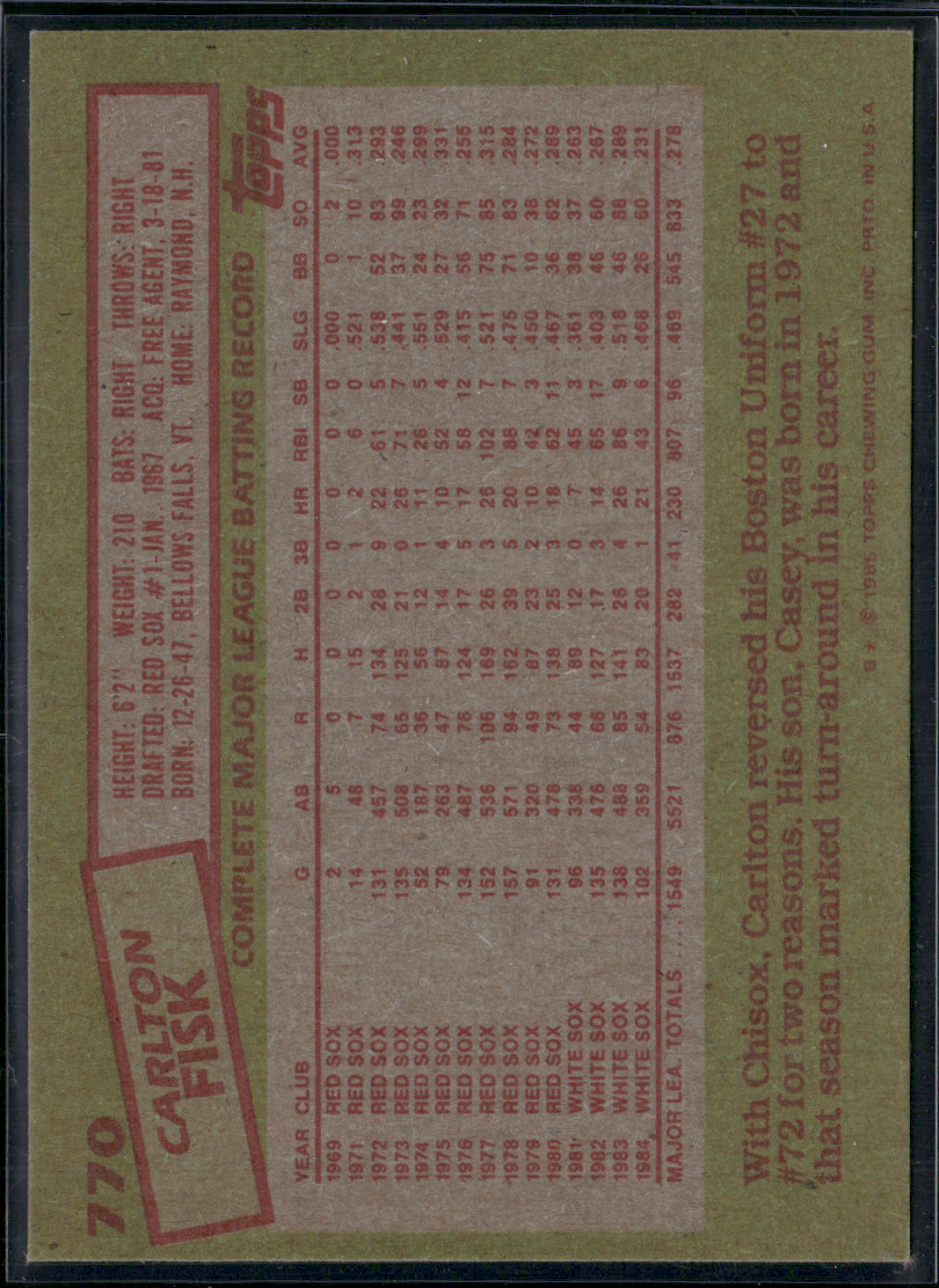 1985 Topps CARLTON FISK #770 (EX-EX/MT)