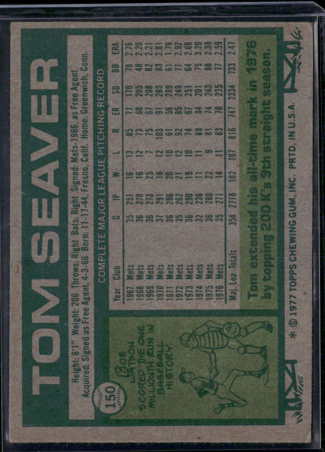 1977 Topps TOM SEAVER #150 (VG/EX-EX)