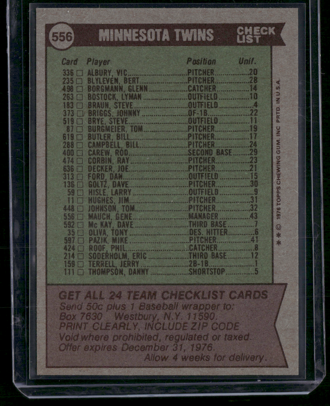1976 Topps MINNESOTA TWINS #556 (EX)